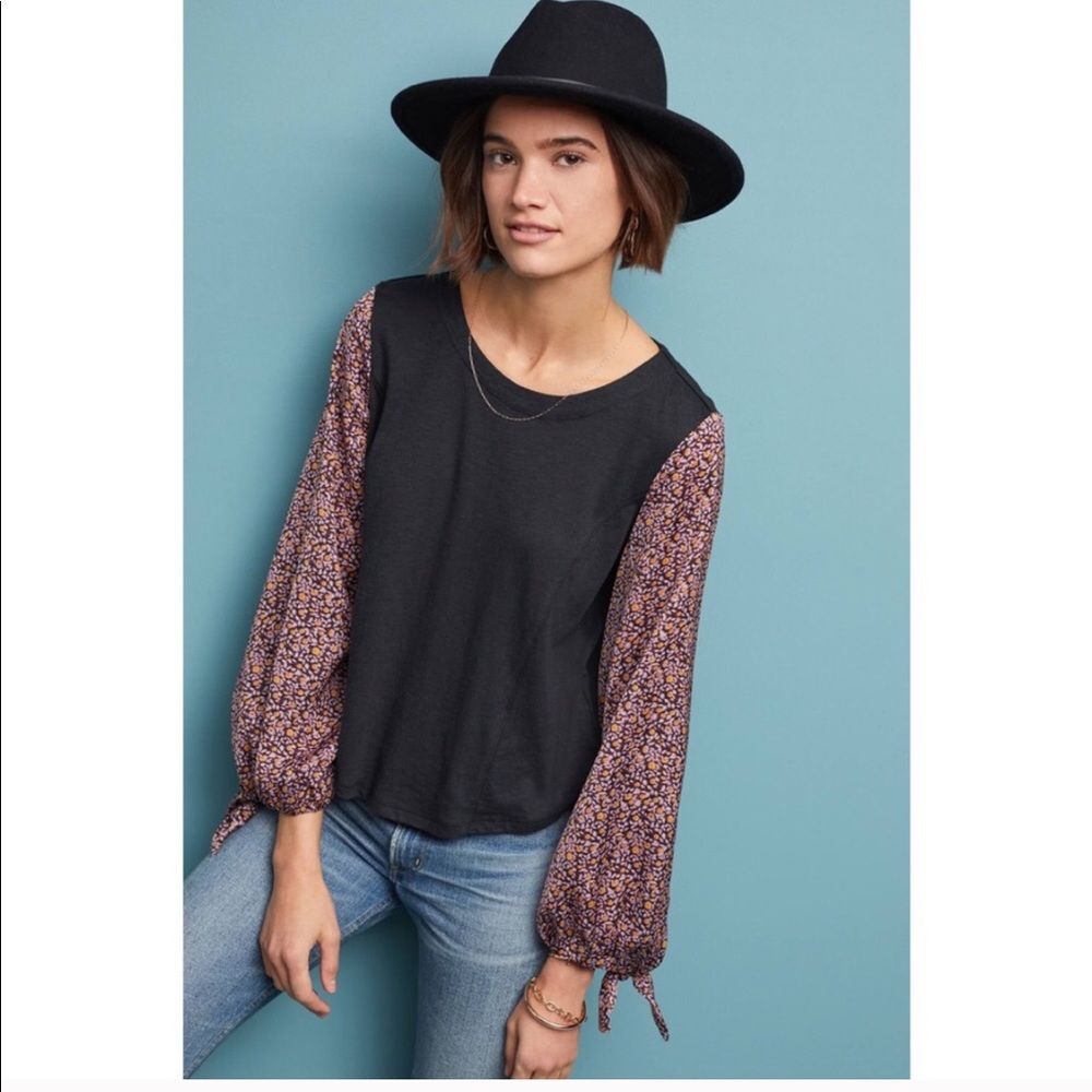 Anthropologie Maybelle Floral Tie Sleeve Top